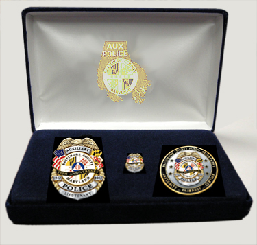 Baltimore County Auxiliary Police 75th Anniversary Badge, Coin, and Mini Badge Lapel Pin Set